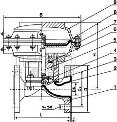 EG641W、EG641J英標（無帶手操往復型）氣動隔膜閥結構圖