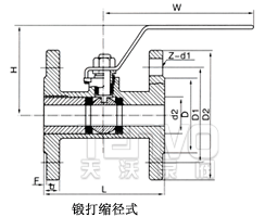 鍛打縮徑式填料倉整體式法蘭球閥結構圖